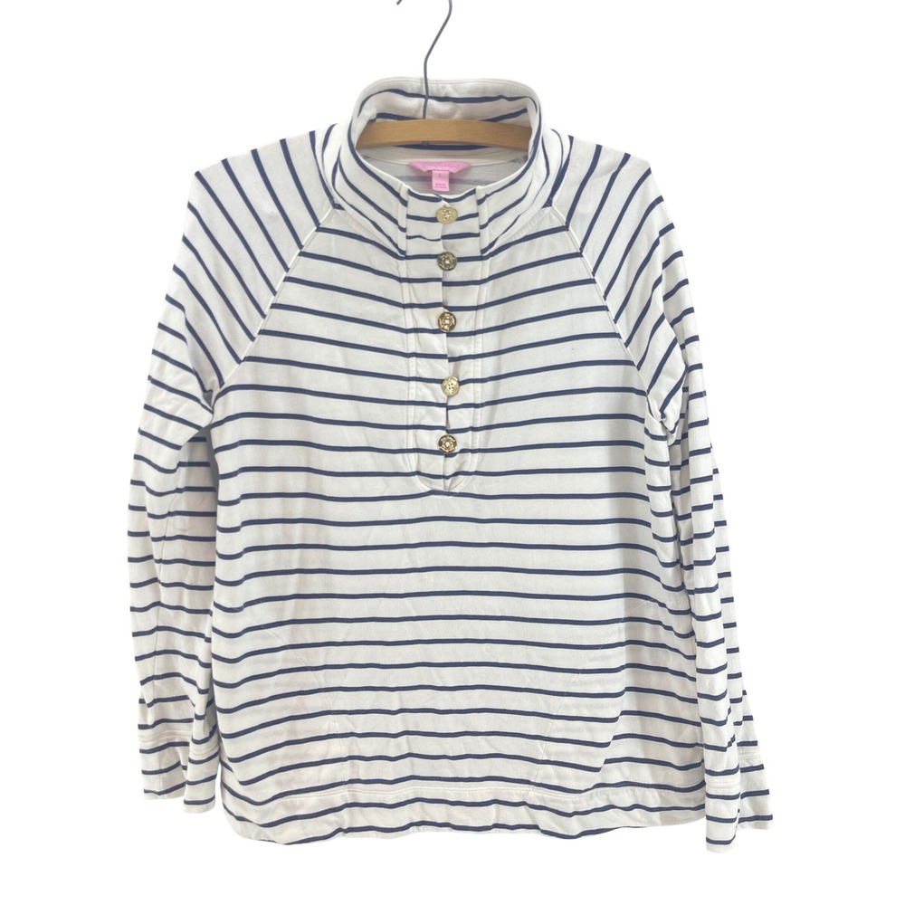 Lilly Pulitzer Windsor Pullover in True Navy Mystic Stripe Gold Button Sz L